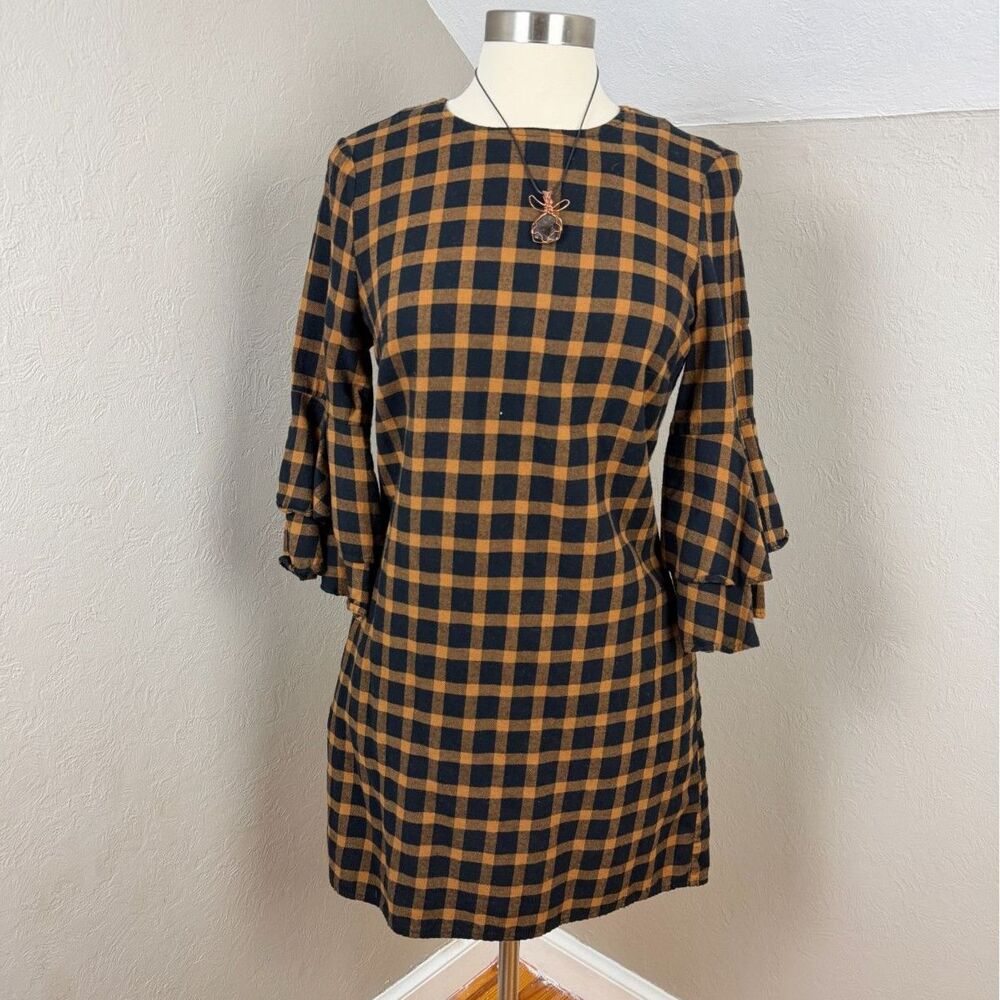 beach lunch lounge plaid dress Zara + PLEATED ASYMMETRIC Nydia Dress Size:5.5WC 100% linen